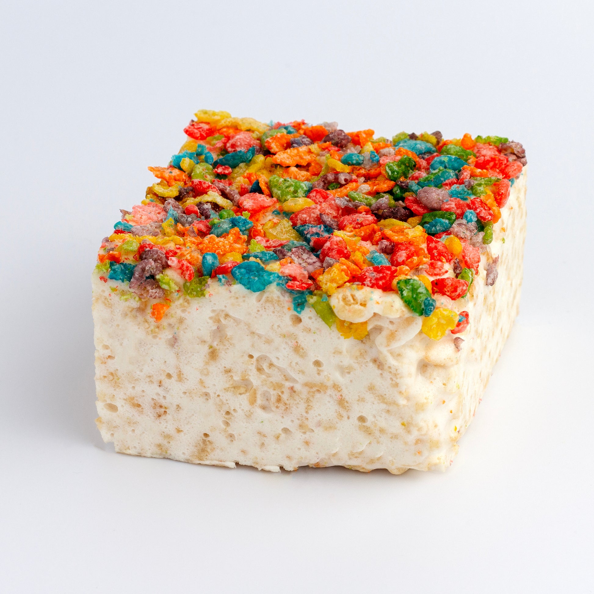 Fruity Crispies gourmet rice crispy treat topped with colorful fruity pebbles