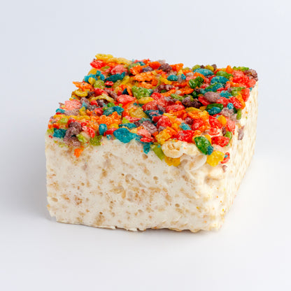 Fruity Crispies gourmet rice crispy treat topped with colorful fruity pebbles